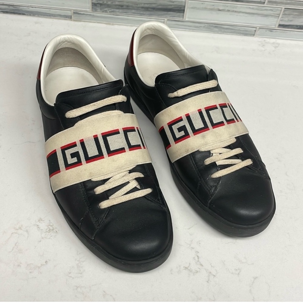 GUCCI 523469 ACE MEN'S SHOES BLACK CALF-SKIN LEATHER CASUAL SNEAKERS